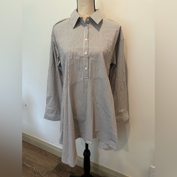 C striped women’s shirt, dress, SZ L gray/white NWOT - Picture 1 of 7
